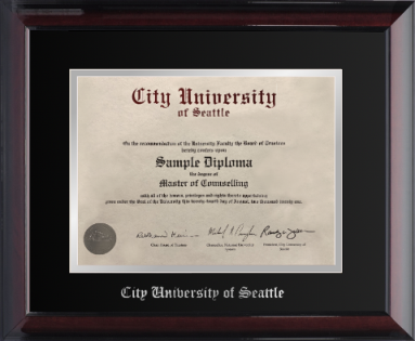POPULAR-Hardwood diploma frame with glossy mahogany finish, double mat board (black over silver) with "City University of Seattle" silver embossing